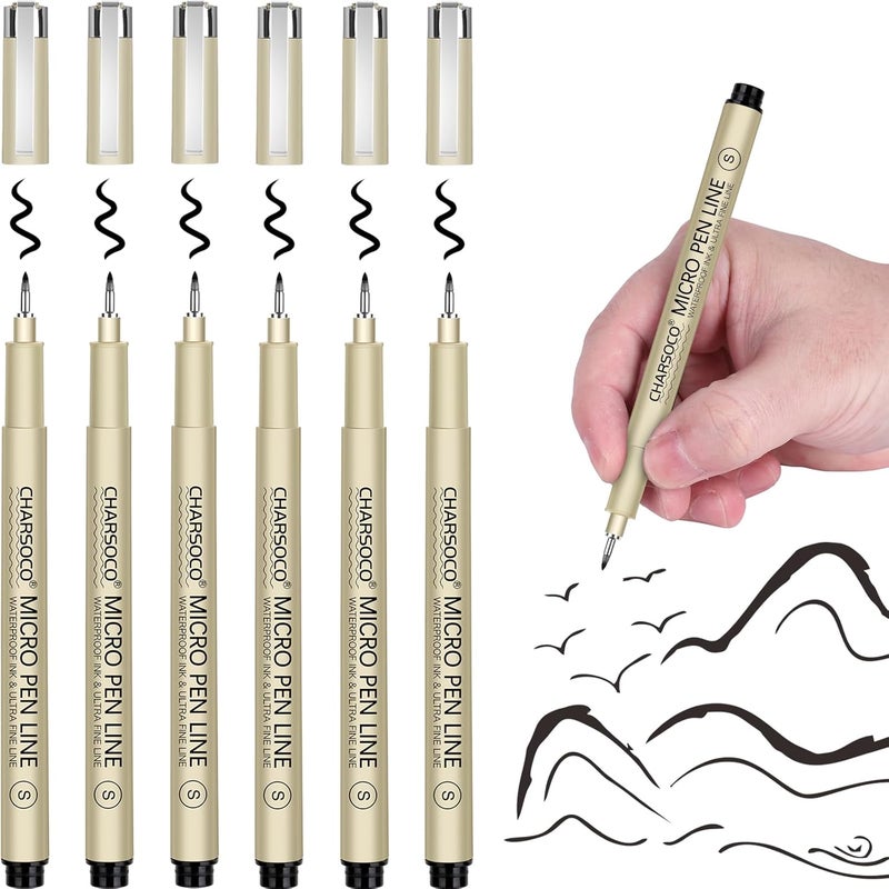 CHARSOCO S Micro Pen, 6 Pack Black Fine Point Pen with Waterproof Archival Ink, 2mm Fineliner Ink Pens for Artist Illustration, Sketching, Anime, Manga, Technical Drawing and Scrapbooking - Image 1